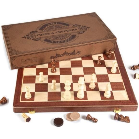 Magnetic Wooden Chess & Checkers Set (2 in 1) - Folding Board - Picture 4 of 8